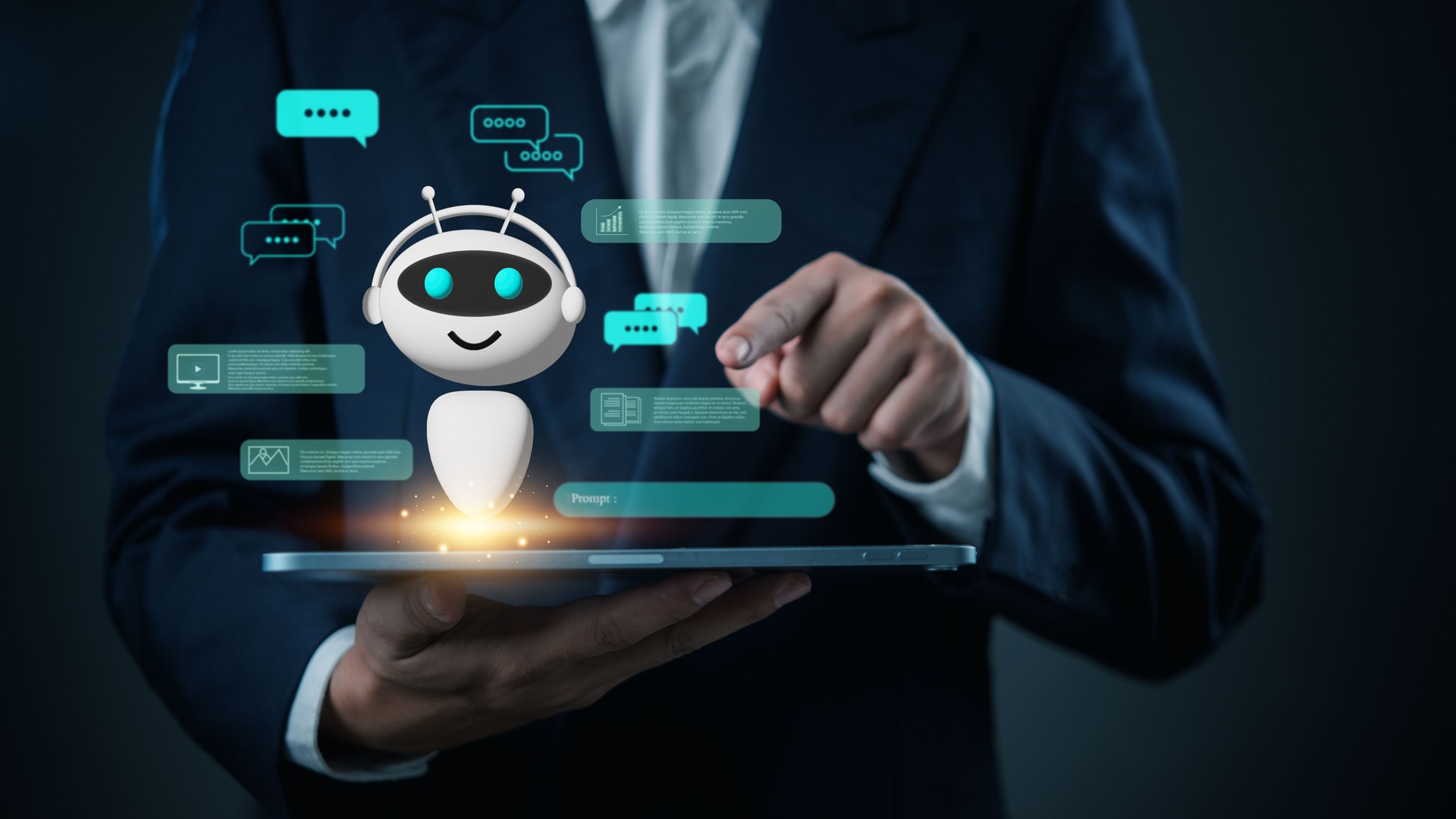 businessman interacting with a digital chatbot on a tablet, symbolizing artificial intelligence, automated customer service, and AI-powered communication.