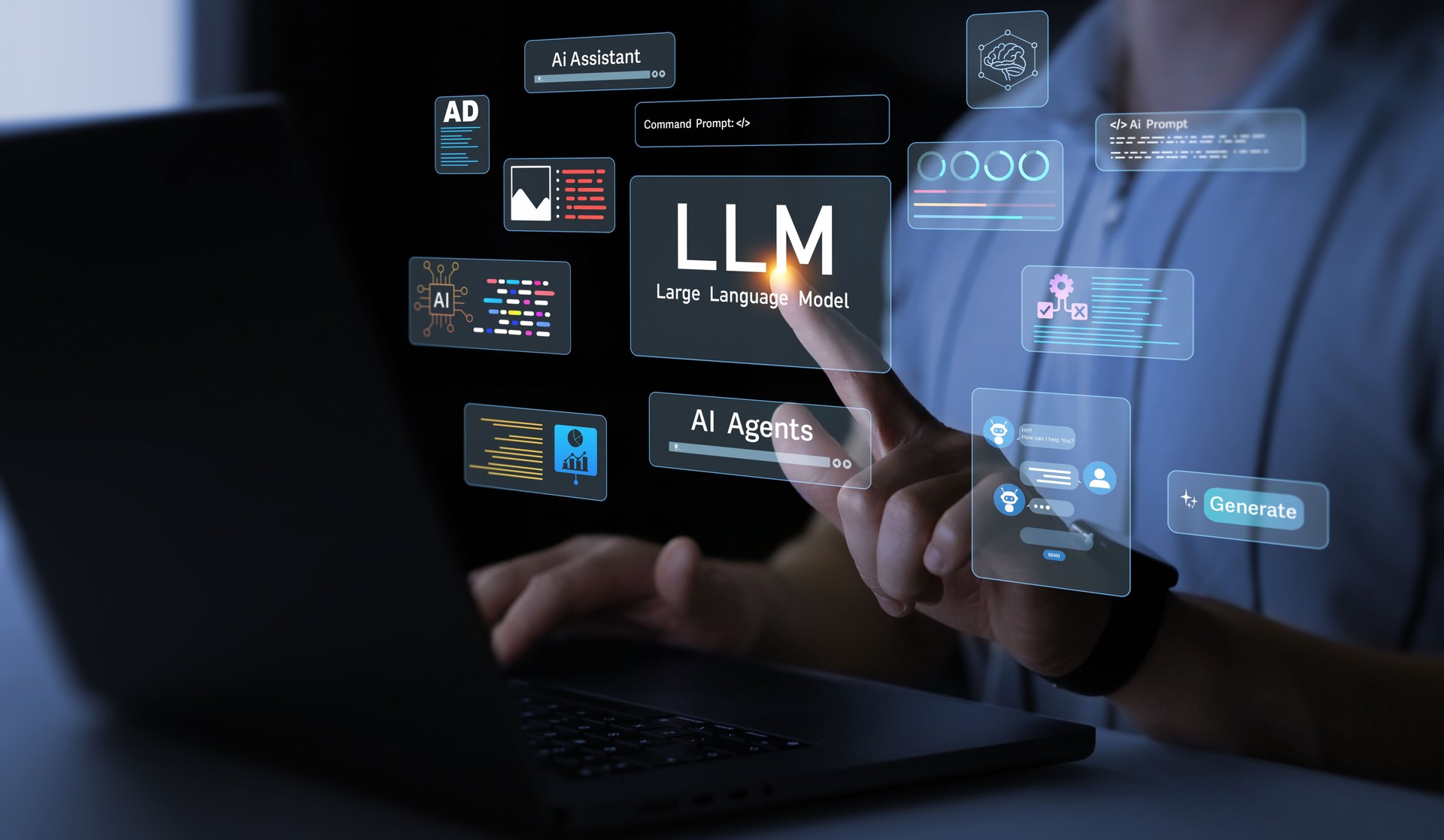 Large language model(LLM) with AI technology.User working on laptop in LLM,Data performrange language tasks,answering questions, summarizing information, translating languages, writing code.